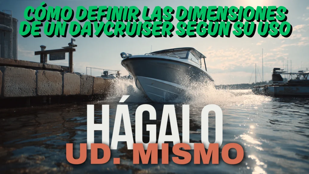 Vista esquemática del diseño de un daycruiser sobre tráiler mostrando la relación entre manga del casco, estabilidad y límite de ancho para transporte terrestre.