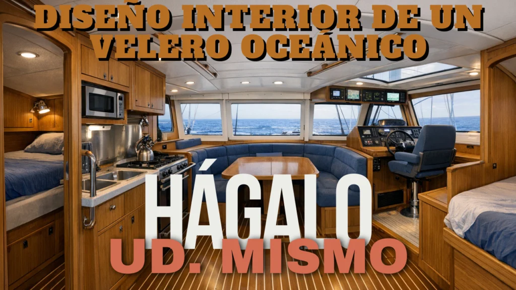 Diseño interior de un velero oceánico mostrando camarotes, cocina protegida, dinette con visión panorámica y puesto de gobierno tipo pilot house