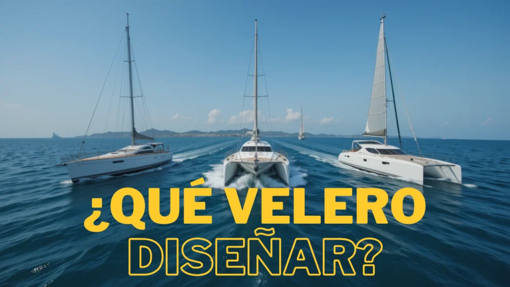 Ilustración frontal comparativa de tres tipos de veleros: un monocasco, un catamarán y un trimarán, alineados uno junto al otro, utilizada para analizar qué tipo de velero conviene diseñar.