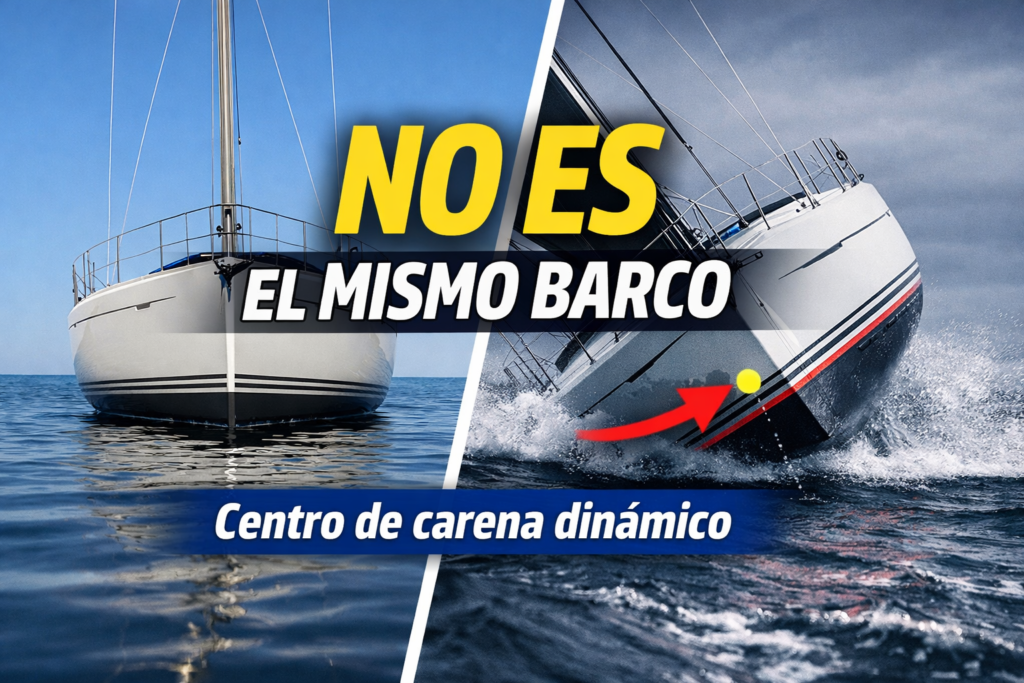 Centro de carena dinámico en un velero oceánico escorado mostrando el desplazamiento lateral del volumen sumergido