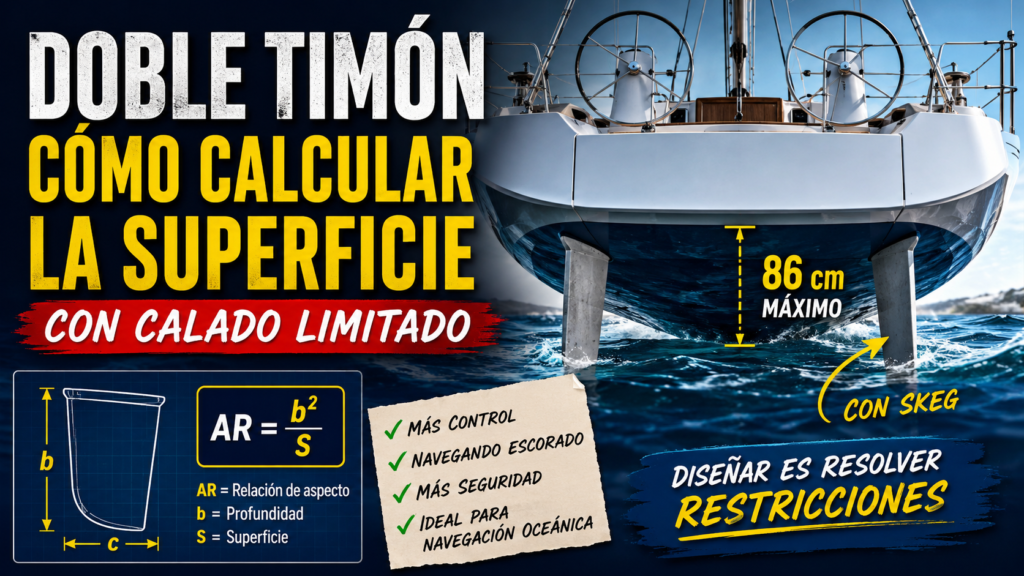 Infografía técnica de un timón doble elíptico con skeg para velero oceánico de poco calado mostrando perfil hidrodinámico y profundidad máxima de 86 cm