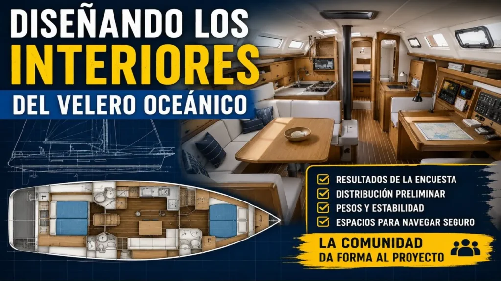 Diseñando los interiores de nuestro velero oceánico: comodidad, seguridad y vida a bordo 2 Diseñando los interiores de nuestro velero oceánico: comodidad, seguridad y vida a bordo Plano de distribución interior de un velero oceánico mostrando camarotes, salón principal, cocina, baño y áreas de almacenamiento para navegación de larga distancia.