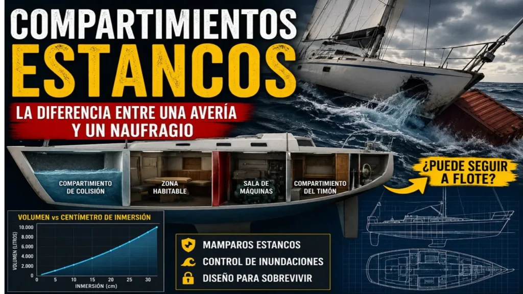 Compartimientos estancos en un velero oceánico mostrando mamparo de colisión, zona habitable y compartimiento del timón para limitar inundaciones.